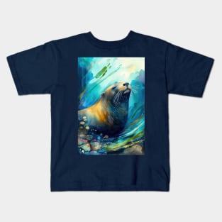 Watercolor Steller Sea Lion Art for Animal Lovers Kids T-Shirt